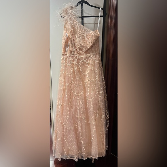 Feathered one shoulder A-line embroidered long gown - Picture 5 of 11